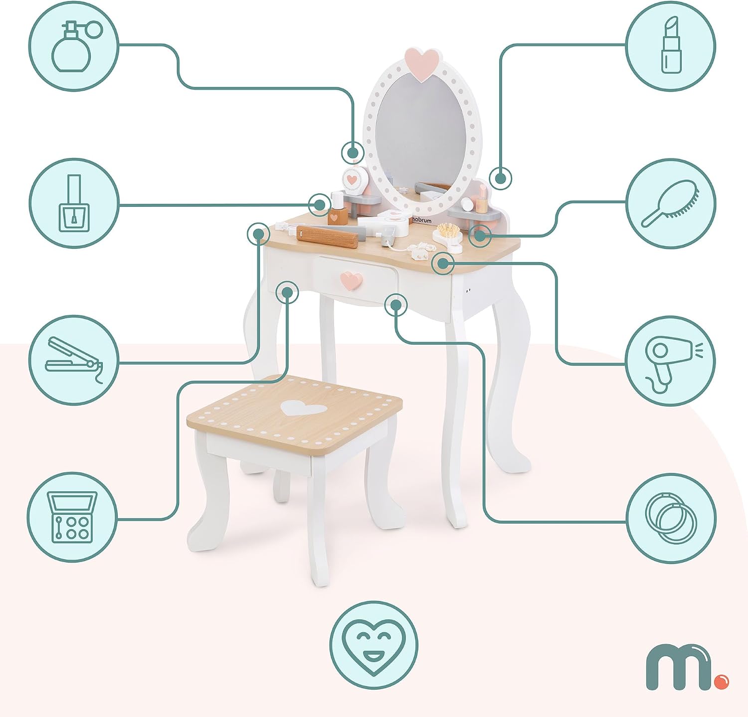 Mamabrum coiffeuse en bois avec tabouret et accessoires – Image 3
