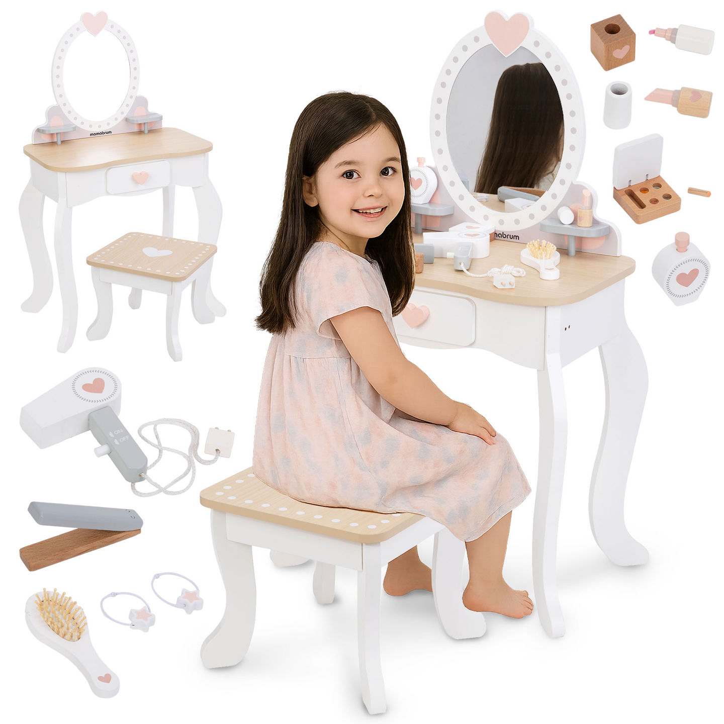 Mamabrum coiffeuse en bois avec tabouret et accessoires